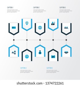 Work icons colored set with team leader, calendar, gear and other personal badge elements. Isolated vector illustration work icons.