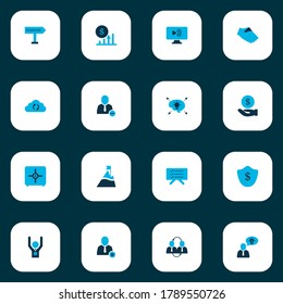 Work icons colored set with winner, different ideas, protection and other vlog elements. Isolated vector illustration work icons.