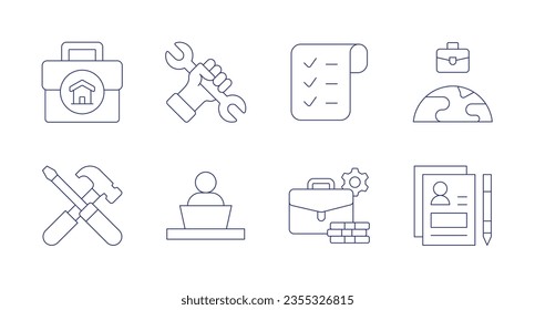 Work icons. Editable stroke. Containing work from home, wrench, shopping list, work, tools, working at home, working conditions, resume.