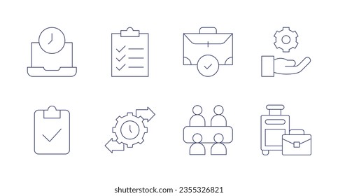 Work icons. Editable stroke. Containing overwork, checklist, portfolio, gear, audit, mobility, meeting, suitcase.