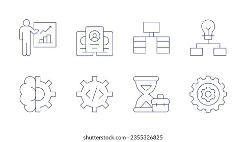 Work icons. Editable stroke. Containing report, profile, desk, workflow, settings, hourglass, gear.