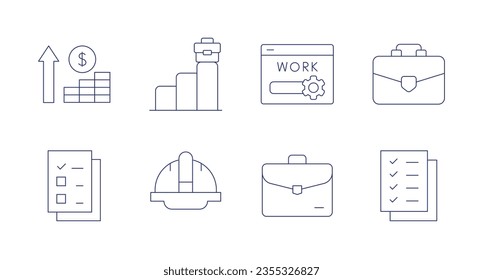 Work icons. Editable stroke. Containing money, job promotion, browser, briefcase, file, helmet, suitcase, checklist.