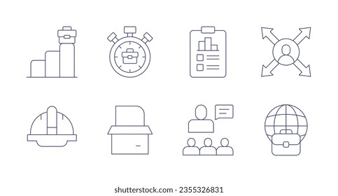 Iconos de trabajo. Trazo editable. Conteniendo promoción de empleo, fecha límite, informe, direcciones, casco, producto, jefe, a nivel mundial.