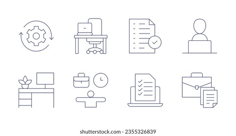Work icons. Editable stroke. Containing arrows, workplace, result, online learning, work space, balance, check list, work.