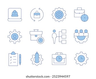 Ícones de trabalho. Estilo Duotônico da Linha, traçado editável. horas de trabalho, atribuição, pasta, trabalho, trabalho, trabalho em andamento, engrenagem, teste, configurações.