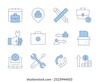 Work icons. Line Duotone style, editable stroke. tool, pin, product, work in progress, work time, money, travel, wrench, briefcase, working time.