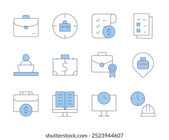 Work icons. Line Duotone style, editable stroke. money, work, e work, working hours, pin, file, portfolio, briefcase, time, shopping list, working at home, suitcase.