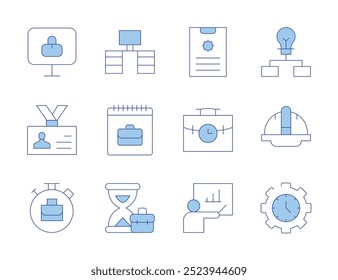 Work icons. Line Duotone style, editable stroke. helmet, time management, desk, workflow, hourglass, work, lecture, briefcase, id card, telecommuting, remote working.
