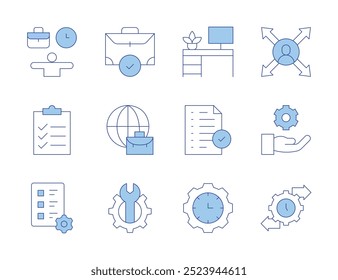 Work icons. Line Duotone style, editable stroke. evaluation, result, work space, balance, time management, checklist, work in progress, portfolio, gear, mobility, worldwide, directions.