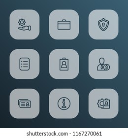 Work icons line style set with briefcase, offer, identity card and other portfolio elements. Isolated vector illustration work icons.