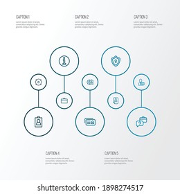 Work icons line style set with information, sharing, identity card and other help elements. Isolated vector illustration work icons.
