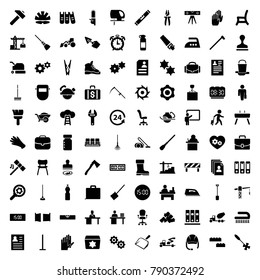 Work icons. set of 100 editable filled work icons such as construction crane, chair, gloves, mop, dustpan, cloth pin, iron, clean brush, mud, resume, table, stamp, gear