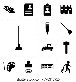 Work icons. set of 13 editable filled work icons such as group, palette, hoe, gardening tool, garden hammer, resume, clipboard, binder, digital clock, man with luggage, stamp