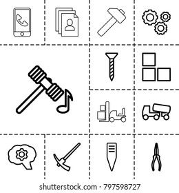 Work icons. set of 13 editable outline work icons such as brick wall, hammer, screw, concrete mixer, pliers, gardening tool, gear, phone, resume, hummer