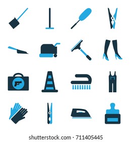 Work icons set. set of 16 work bi-color icons such as briefcase with weapon, stamp, cone barrier, window squeegee, mop, dustpan, cloth pin, lawn mower, iron, gloves