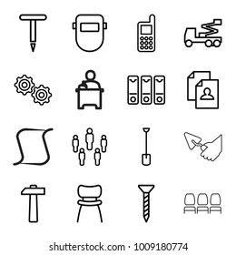 Work icons. set of 16 editable outline work icons such as phone, resume, screw, crane, welder mask, gardening tool, shovel, group, chair, binder, gear, hammer, trowel, teacher