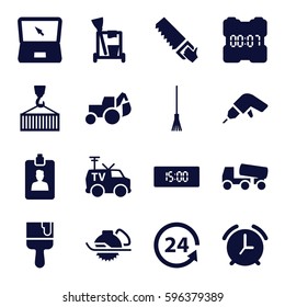 work icons set. Set of 16 work filled icons such as cleaning tools, drill, excavator, concrete mixer, saw, electric saw, paint brush, rake, 24 support, cargo on hook, TV van