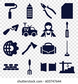 Work icons set. set of 16 work filled icons such as maid, trowel, screwdriver, pliers, pitchfork, hoe, TV van, camera case, construction  crane, paint roller, gate, axe weapon