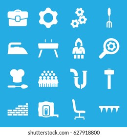 Work icons set. set of 16 work filled icons such as measure tape, Casino girl, iron, group, pipe, pitchfork, plowing tool, garden hammer, office chair, chef hat and spoon