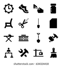 Work icons set. set of 16 work filled icons such as ironing table, boot, shovel, brush, hummer and wrench, trowel, hummer, outdoor chair, scissors, structure, clock in gear