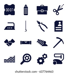 Work icons set. set of 16 work filled icons such as level ruler, vacuum cleaner, iron, gear, group, pliers, hoe, resume, scissors, handshake, hammer, brick wall, case