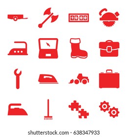 Work icons set. set of 16 work filled icons such as boot, barrow, broom, iron, saw blade, excavator, case, laptop, gear, wrench, digital clock, axe weapon