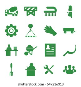 Work icons set. set of 16 work filled icons such as barrow, barrier, gloves, clean brush, concrete mixer, construction, hook with cargo, wrench and screwdriver, chainsaw
