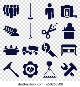 Work icons set. set of 16 work filled icons such as measure tape, window squeegee, group, hummer and wrench, concrete mixer, hook with cargo, electric saw, hoe, heart in gear
