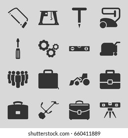 Work icons set. set of 16 work filled icons such as vacuum cleaner, lawn mower, screwdriver, level ruler, excavator, hacksaw, gardening tool, cargo crane, case, gear