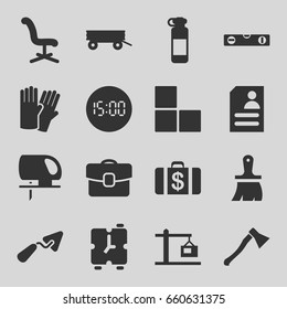 Work icons set. set of 16 work filled icons such as barrow, brick wall, glove, money case, office chair, brush, trowel, level ruler, electric saw, resume, construction  crane