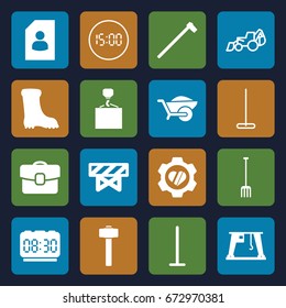 Work icons set. set of 16 work filled and outline icons such as barrier, mop, boot, hook with cargo, pitchfork, garden hammer, wheelbarrow, heart in gear, cargo crane, case