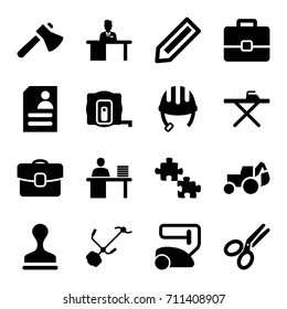 Work icons set. set of 16 work filled icons such as pencil, measure tape, helmet, vacuum cleaner, ironing table, stamp, axe, excavator, gardening tool, resume