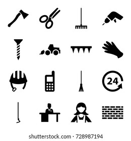 Work icons set. set of 16 work filled icons such as helmet, gloves, maid, phone, screw, drill, excavator, rake, plowing tool, hoe, 24 support, man working at the table