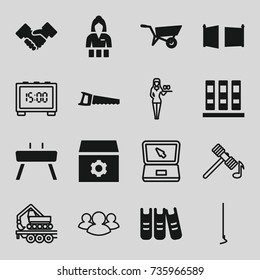 Work icons set. set of 16 work filled and outline icons such as wheel barrow, casino girl, gear, hoe, saw, binder, handshake, gate, gymnastic apparatus, hammer, cargo crane