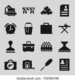 Work icons set. set of 16 work filled icons such as briefcase with weapon, measure tape, window squeegee, ironing table, dust brush, mud, stamp, group, toolbox, barrier