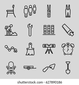 Work icons set. set of 16 work outline icons such as barrow, cloth pin, shovel, brush, trowel, saw, digging man, level ruler, gardener jumpsuit, chair, wrench, alarm, binder