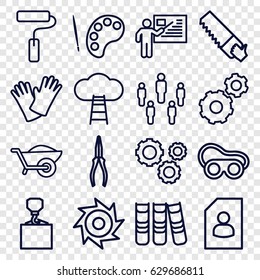 Work icons set. set of 16 work outline icons such as gear, hook with cargo, pliers, saw, welding glasses, wheelbarrow, gloves, binder, paint roller, teacher, resume