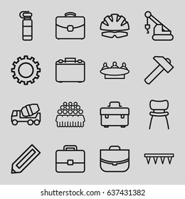 Work icons set. set of 16 work outline icons such as gear, pencil, case, group, toolbox, hummer, concrete mixer, crane, plowing tool, chair, helmet
