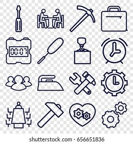 Work icons set. set of 16 work outline icons such as iron, dust brush, gear, screwdriver, hummer, hummer and wrench, hook with cargo, gear heart, group, case, meeting