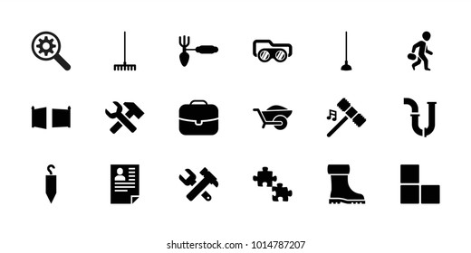 Work icons. set of 18 editable filled work icons: brick wall, hummer and wrench, pipe, case, puzzle, gardening tool, rake, hoe, wheelbarrow, gate, hammer, boot, resume