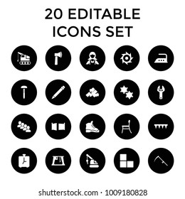 Work icons. set of 20 editable filled work icons such as brick wall, mud, maid, iron, crane, plowing tool, scythe, cargo crane. best quality work elements in trendy style.
