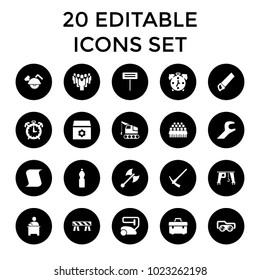 Work icons. set of 20 editable filled work icons such as vacuum cleaner, gear, group, toolbox, barrier, gardening tool, wrench. best quality work elements in trendy style.