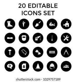 Work icons. set of 20 editable filled work icons such as casino girl, hacksaw, welder mask, compass, resume, puzzle, rake. best quality work elements in trendy style.