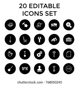 Work icons. set of 20 editable filled and outline work icons such as dustpan, gear, shovel, barrier, concrete mixer, pitchfork, digital clock, gloves, wrench, construction