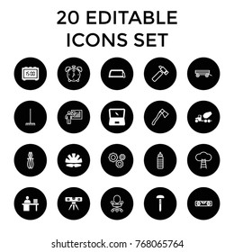 Work icons. set of 20 editable filled and outline work icons such as level ruler, man working at the table, laptop, helmet, digital clock, barrow, hummer, hacksaw, pliers