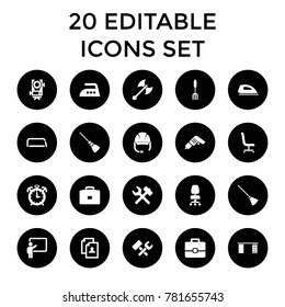 Work icons. set of 20 editable filled work icons such as level equipment, resume, wrench hummer, case, pitchfork, office chair. best quality work elements in trendy style.