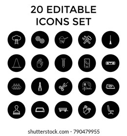 Work icons. set of 20 editable outline work icons such as barrow, iron, gloves, stamp, level ruler, hacksaw, pliers, wrench hummer. best quality work elements in trendy style.