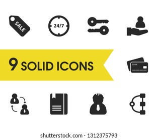Work icons set with 24/7, human resource and sale elements. Set of work icons and workman concept. Editable vector elements for logo app UI design.