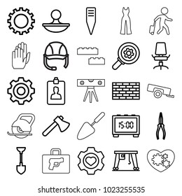 Work icons. set of 25 editable outline work icons such as gear, shovel, axe, pliers, gardening tool, heart in gear, cargo crane, brick wall, clipboard, office chair, stamp