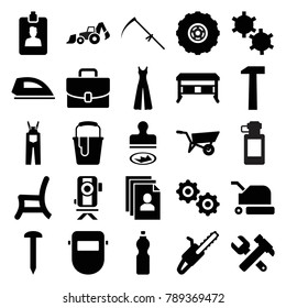 Work icons. set of 25 editable filled work icons such as wheel barrow, jumpsuit, nail, hummer and wrench, welder mask, paint bucket, office desk, scythe, chain saw